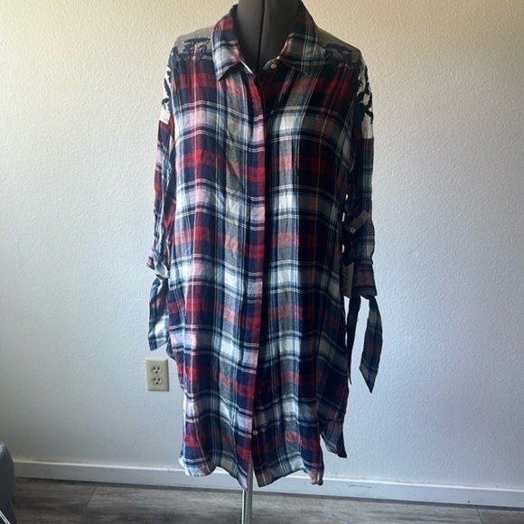 NWT DEX dress plaid lace sheer red blue medium oversized boyfriend style - Picture 1 of 8